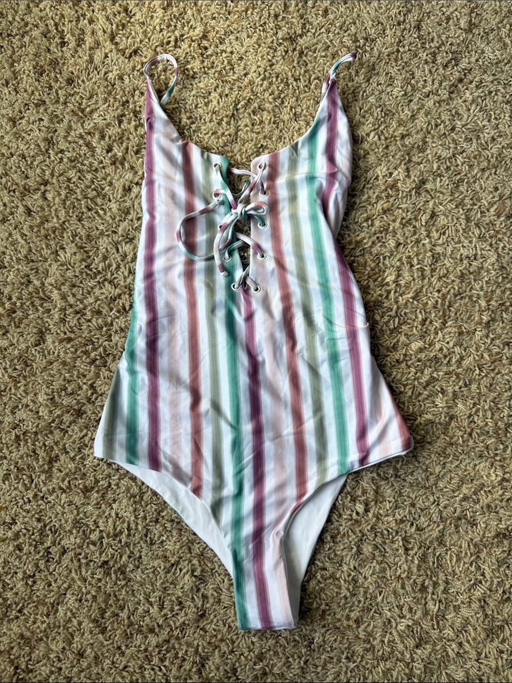 Striped Lace-Up One-Piece Swimsuit in Pastel Multi